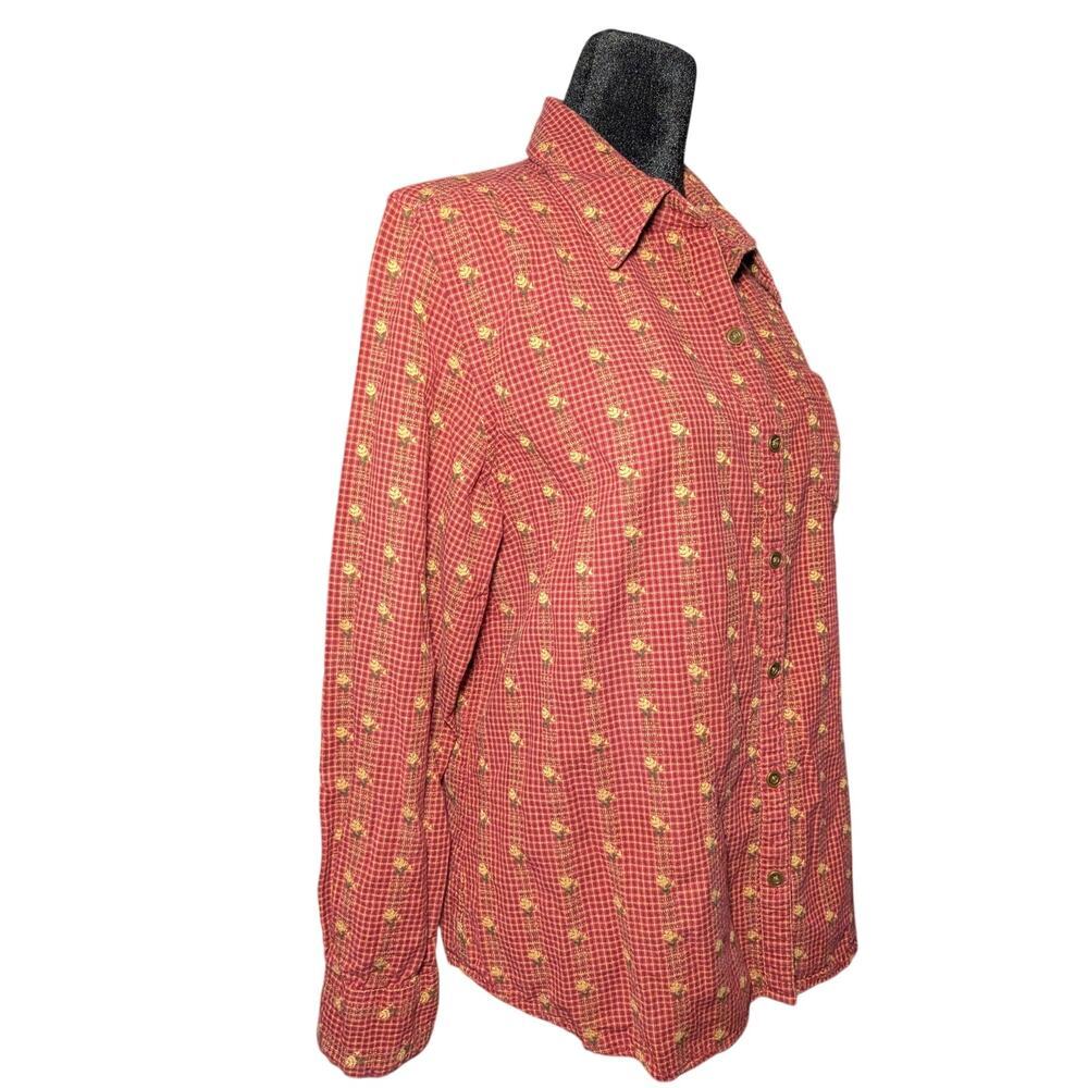 Krazy Kat Vintage Cottagecore Calico Floral Button Down Shirt Red Tan Size M - Picture 5 of 15